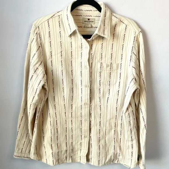 Vtg Woolrich Women’s Cream Burgundy/Red Tan Striped Cotton Button-Up Shirt Sz L - Picture 14 of 15